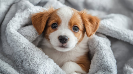 A close-up of an adorable puppy with big, expressive eyes and fluffy fur, sitting playfully on a soft blanket, capturing its irresistible cuteness.の素材