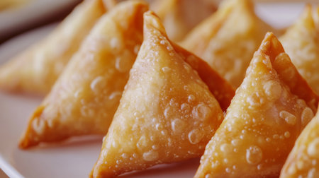 A close-up of vibrant Thai dessert samosas filled with sweet coconut and palm sugar, placed on a white plate to showcase their golden-brown color.の素材