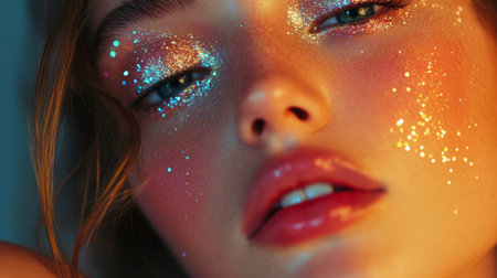 A close-up of a woman with glittery makeup, focusing on her shimmering eyelids and glossy lips, creating a festive and glamorous vibe.の素材