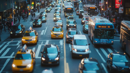 A congested city street with cars, buses, and bicycles in motion, illustrating the complexity and variety of traffic in an urban setting.の素材