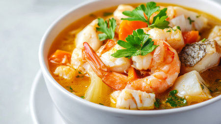 A detailed image of a bowl of seafood chowder, with chunks of fish, shrimp, and vegetables, set against a white background for a clean presentation.の素材
