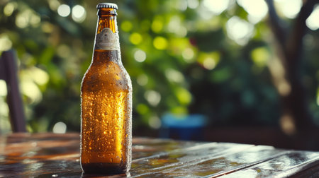 A detailed shot of a chilled beer bottle with condensation on the surface, sitting on a wooden table with a backdrop of outdoor greenery or a casual setting.の素材