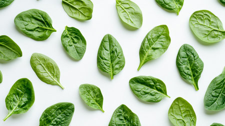 A close-up of fresh, vibrant green spinach leaves arranged neatly on a white background, showcasing their texture and crispness.の素材