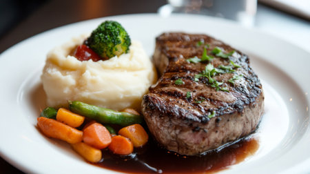A detailed shot of a steak with a side of mashed potatoes and vegetables, arranged elegantly on a white plate, highlighting the dish's visual appeal.の素材