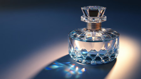 A detailed image of a perfume bottle with a crystal-clear liquid and a beautifully designed stopper, emphasizing the clarity and refinement of the fragrance.の素材