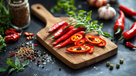 A close-up of an assortment of whole and sliced chili peppers on a kitchen cutting board, with a few spices and herbs scattered around.の素材