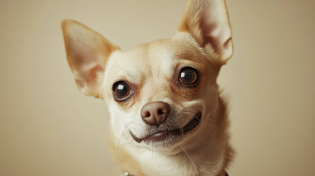 A detailed shot of a dog with a distinctive and adorable expression, such as a tilt of the head or a playful grin, against a clean background.の素材