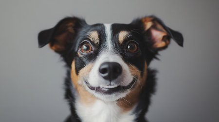 A detailed shot of a dog with a distinctive and adorable expression, such as a tilt of the head or a playful grin, against a clean background.の素材