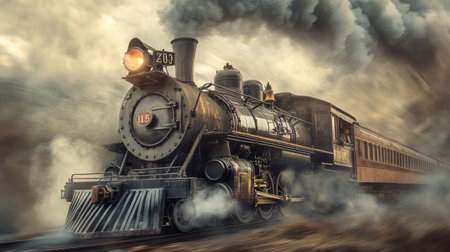 A dynamic image of a steam engine in motion, with visible steam billowing from the locomotive, capturing the power and historical charm of the machine.の素材