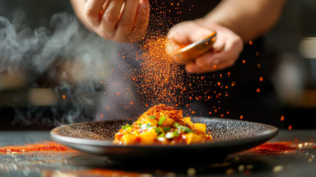 A dynamic scene of a chef sprinkling chili powder from a small bowl over a dish, with a focus on the vibrant red spice and the action of seasoning.の素材