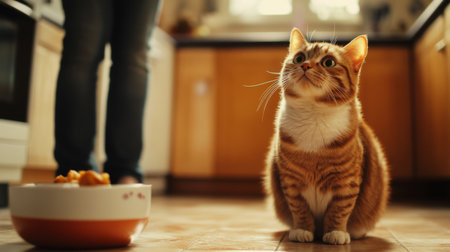 A fat cat sitting on a kitchen floor, staring up at its owner with big, pleading eyes, hoping for a tasty treat.の素材