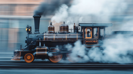 A dynamic image of a steam engine in motion, with visible steam billowing from the locomotive, capturing the power and historical charm of the machine.の素材