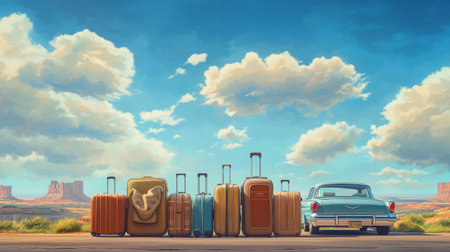 A family suitcases lined up in front of a car, ready to be packed for a road trip, with a scenic landscape in the background.の素材