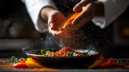 A dynamic scene of a chef sprinkling chili powder from a small bowl over a dish, with a focus on the vibrant red spice and the action of seasoning.の素材