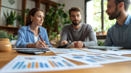 A financial advisor presenting investment options to a couple with financial charts and documents on the table, capturing the essence of personalized financial planning.の素材