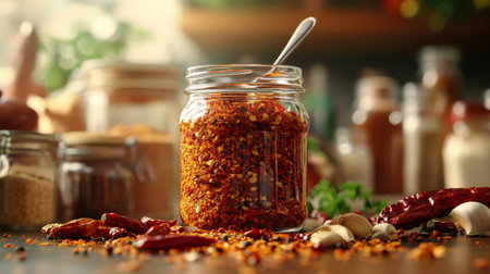 A high-resolution image of a jar of chili flakes with a spoon resting on a kitchen counter, surrounded by other spices and ingredients for a rich visual effectの素材