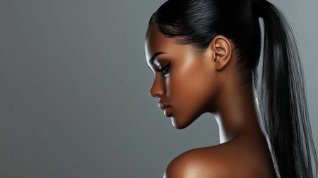 A high-resolution image of a woman with a sleek ponytail, secured with a hair tie and featuring smooth, shiny hair for a sophisticated appearanceの素材