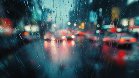 A high-resolution shot of heavy rain pouring down during a storm, with streaks of water on a window and blurred city lights or street scenes in the background.の素材