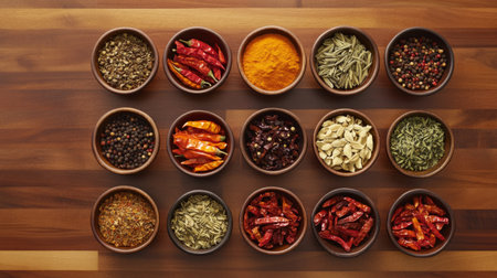 A high-resolution image of dried chili peppers and spices arranged in small bowls on a wooden countertop, showcasing their vibrant colors and textures.の素材