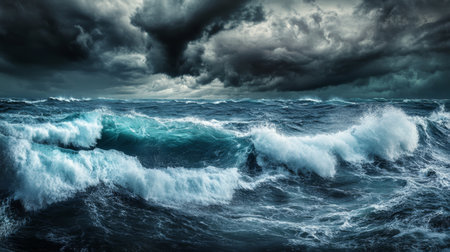 A panoramic view of a stormy seascape with crashing waves and dark, ominous clouds overhead, highlighting the intensity and chaos of the approaching storm.の素材