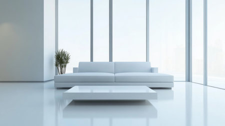 A modern minimalist living room featuring a sleek sofa, a simple coffee table, and large windows allowing natural light to flood the space, set against a clean white background.の素材