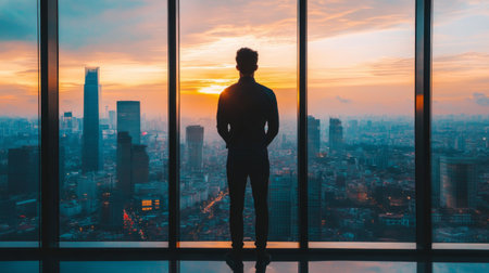 A man standing by a large window, looking out at the cityscape, lost in thought as he contemplates life and future possibilities.の素材