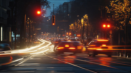 A nighttime image of a busy street with illuminated traffic signals and the vibrant motion of headlights and taillights, highlighting urban traffic at dusk.の素材