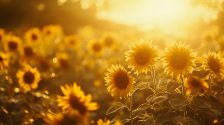 A picturesque scene of a sunflower field at sunset, with warm golden light casting a soft glow over the blooming flowers and creating a serene atmosphere.の素材