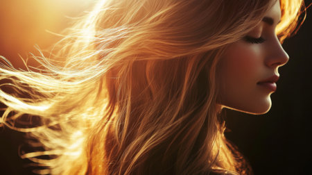 A stylish image of a woman with long, flowing waves of hair, illuminated by natural light to highlight the shine and movement of the hairstyle.の素材