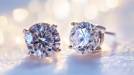 A pair of diamond earrings lying on a white background, highlighting their timeless beauty and sparkling allure.の素材