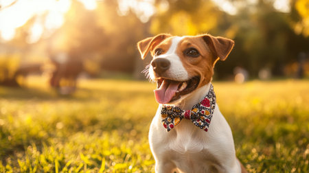 A playful dog wearing a cute costume, such as a bandana or bow tie, sitting in a sunny park, showcasing its charming personality and happy demeanor.の素材