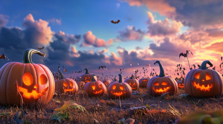 A pumpkin patch with a variety of carved and uncarved pumpkins, set against a twilight sky, capturing the essence of Halloween festivities.の素材