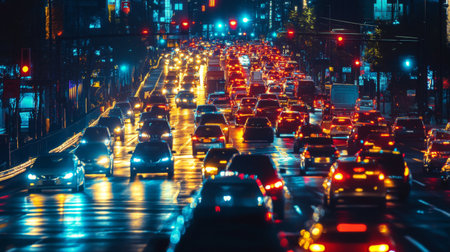 A nighttime image of a busy street with illuminated traffic signals and the vibrant motion of headlights and taillights, highlighting urban traffic at dusk.の素材