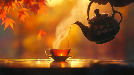 A serene scene of a person pouring tea from a teapot into a cup, with the steam rising and a backdrop of a calming, softly lit environment.の素材