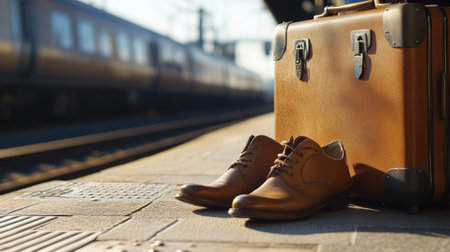 A stylish suitcase and a pair of shoes waiting at a train station platform, symbolizing the start of a journey on a bright, sunny day.の素材