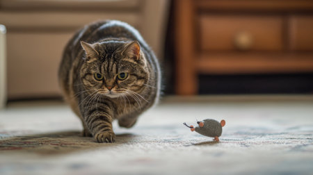 A rotund cat attempting to chase a toy mouse, its round body moving in slow, determined motions across the living room floor.の素材
