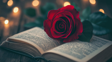 A single red rose lying on an open book, symbolizing love and romance with the soft texture of petals and pages.の素材