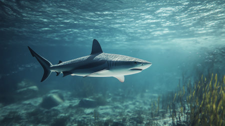 A serene image of a shark swimming close to the ocean floor, with a focus on its sleek body and the textures of the underwater environment.の素材