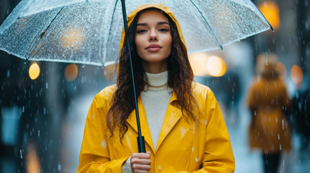 A stylish woman wearing a bright yellow raincoat and holding an umbrella, walking through a rainy city street, exuding a sense of optimism.の素材