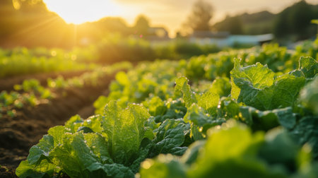 A serene scene of a green leafy vegetable garden at sunrise, with morning light casting a gentle glow over the fresh, dewy leaves.の素材
