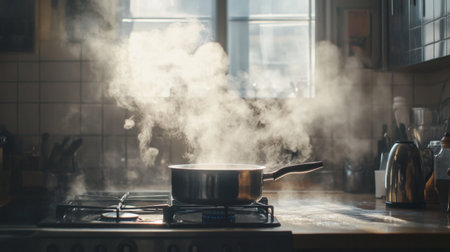 A steam-filled kitchen with a pot on the stove, capturing the mist rising from the boiling water and the dynamic motion of cooking.の素材