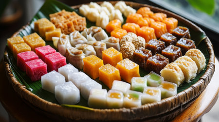 A traditional Thai sweet platter featuring an assortment of bite-sized treats like Thai jelly squares, steamed buns, and sticky rice cakes, arranged attractively.の素材