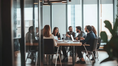 A professional business meeting in a modern conference room, with a diverse group of businesspeople engaged in discussion around a sleek table and digital devices.の素材