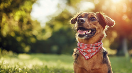 A playful dog wearing a cute costume, such as a bandana or bow tie, sitting in a sunny park, showcasing its charming personality and happy demeanor.の素材