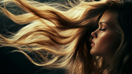 A stylish image of a woman with long, flowing waves of hair, illuminated by natural light to highlight the shine and movement of the hairstyle.の素材