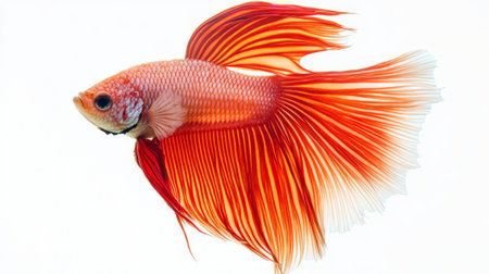 A panoramic view of a betta fish with flowing fins, swimming calmly against a white backdrop, capturing the elegance and fluidity of its movements.の素材