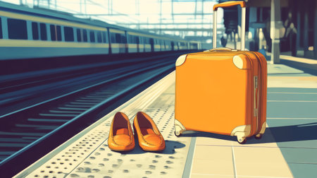 A stylish suitcase and a pair of shoes waiting at a train station platform, symbolizing the start of a journey on a bright, sunny day.の素材