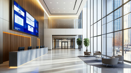 A modern bank lobby with sleek design, large glass windows, and digital screens displaying financial information, representing a contemporary banking environment.の素材