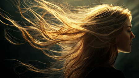 A stylish image of a woman with long, flowing waves of hair, illuminated by natural light to highlight the shine and movement of the hairstyle.の素材