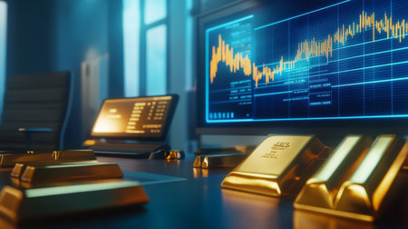 A modern office setting with gold bars on a desk and a digital screen displaying a financial graph of gold prices, illustrating investment analysis.の素材